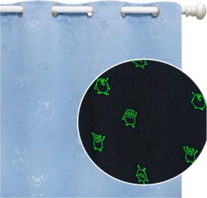 Muwago Halloween Ghost Monster Blue Blackout Curtains Luminous Glow in The Dark Themed Grommet Thermal Insulated Curtains Bedroom and Living Room