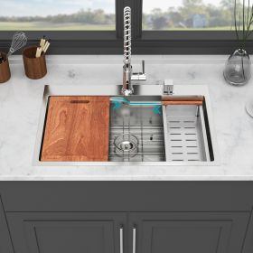 33-inch Topmount Drop-in Single Bowl Stainless Steel Workstation Kitchen Sink Built-in Z-shape Ledge