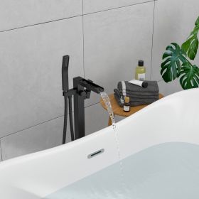 32.2-inch Spout Height Floor Mount Brass Waterfall Bathtub Faucet Freestanding Tub Filler Mixer Taps with High Flow Handheld Faucets Shower (Color: Matte Black)