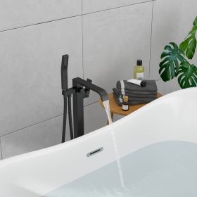 32.2-inch Spout Heigh Floor Mount Waterfall Brass Bathtub Faucet Freestanding Tub Filler Bath Shower Faucet with High Flow handheld Faucets Shower (Color: Matte Black)