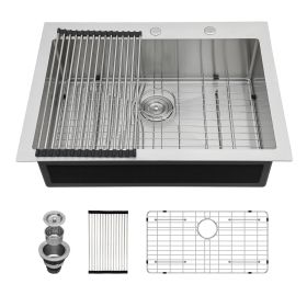 Top Mount Stainless Steel Drop In Single Bowl Kitchen Sink with Bottom Grid, Strainer, Roll-up Drying Rack(30in.*22in.*10in.)(33in.*22in.*10in.) (size: 33"x22"x10")